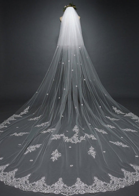 Roycebridal White Cathedral Veil with Blusher Lace Applique Long Wedding Veil