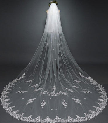 Roycebridal White Cathedral Veil with Blusher Lace Applique Long Wedding Veil