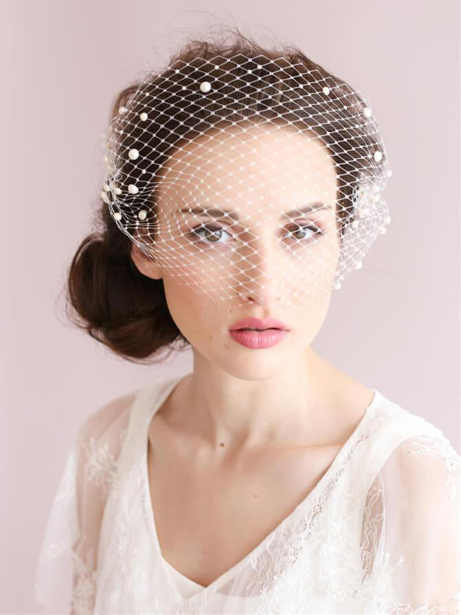 Roycebridal Vintage Ivory Mesh Birdcage Wedding Veils with Pearls