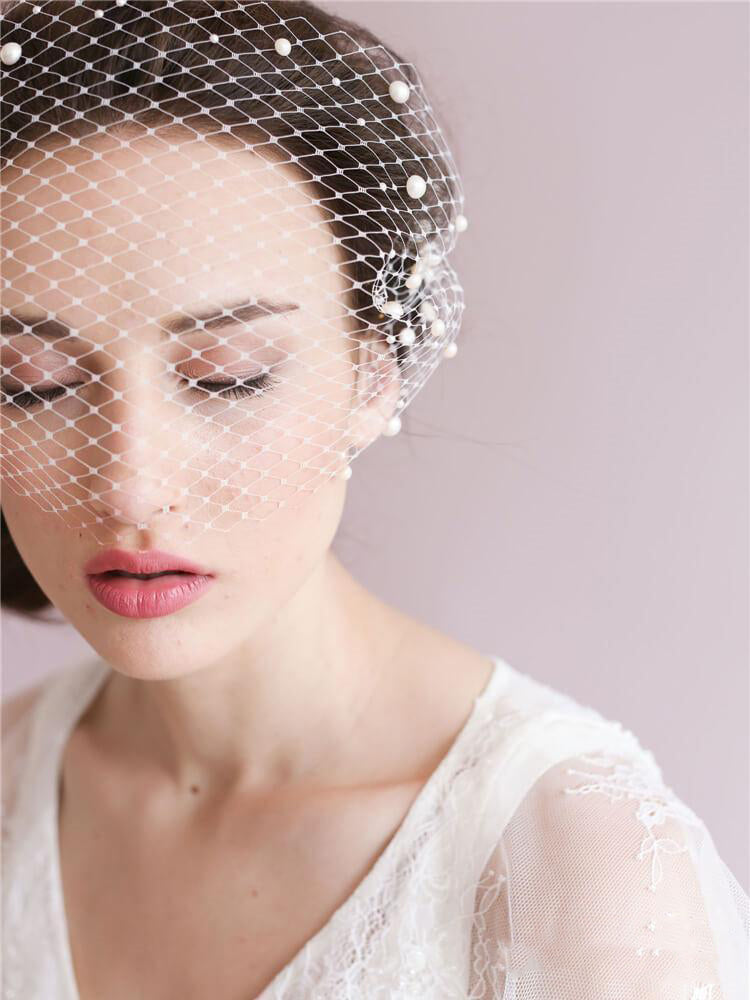 Roycebridal Vintage Ivory Mesh Birdcage Wedding Veils with Pearls