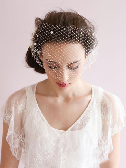 Roycebridal Vintage Ivory Mesh Birdcage Wedding Veils with Pearls