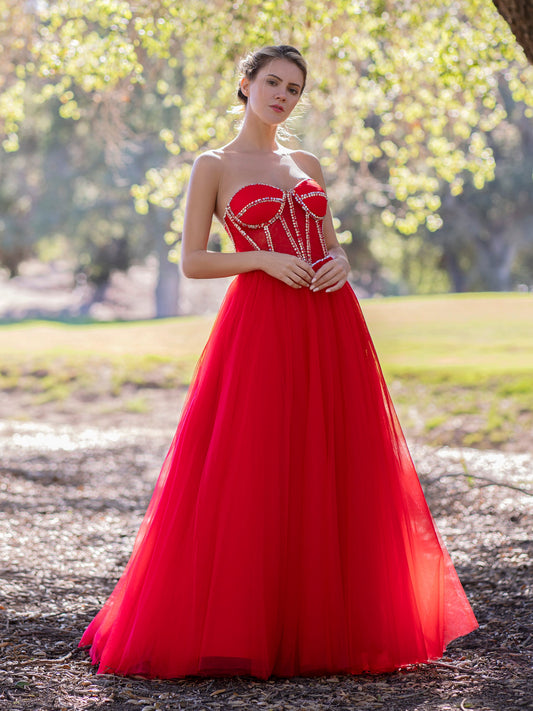 Roycebridal A-Line Strapless Red Prom Dress with Beadings