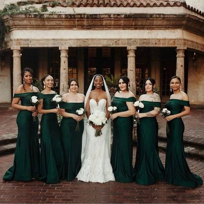 Roycebridal Cheap Dark Green Bridesmaid Dresses Off Shoulder Long Wedding Party Dress