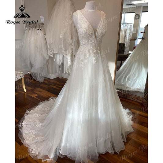 Roycebridal Deep V Neck A Line Beach Wedding Dress Sleeveless 2025 Sweep Train Vestido Novia Elegant Women Bridal Wedding Gowns Custom Made