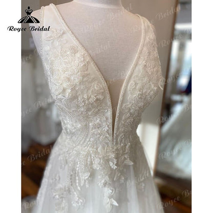 Roycebridal Deep V Neck A Line Beach Wedding Dress Sleeveless 2025 Sweep Train Vestido Novia Elegant Women Bridal Wedding Gowns Custom Made