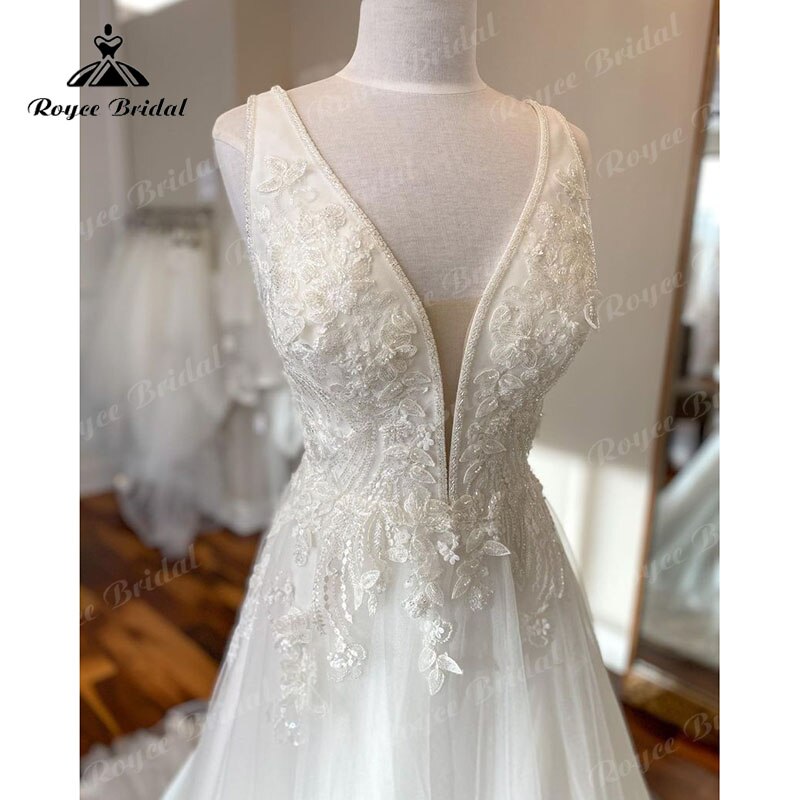 Roycebridal Deep V Neck A Line Beach Wedding Dress Sleeveless 2025 Sweep Train Vestido Novia Elegant Women Bridal Wedding Gowns Custom Made