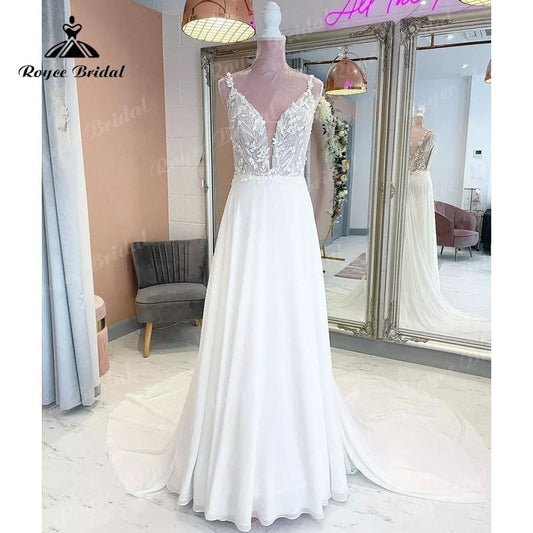 Roycebridal BRIDE,BRIDE EXPLORE All Wedding Dresses,BRIDE EXPLORE Custom Wedding Dresses 👗,BRIDE EXPLORE Plus SizeDeep V Neck Backless Lace Appliques Spaghetti Straps Boho A Line Wedding Dress for Women 2025 Vestidos Bridal Gown Cutsom Made