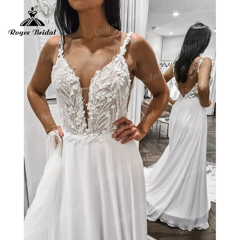 Roycebridal BRIDE,BRIDE EXPLORE All Wedding Dresses,BRIDE EXPLORE Custom Wedding Dresses 👗,BRIDE EXPLORE Plus SizeDeep V Neck Backless Lace Appliques Spaghetti Straps Boho A Line Wedding Dress for Women 2025 Vestidos Bridal Gown Cutsom Made