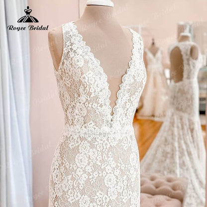 Roycebridal Deep V neck Lace Sleeveless Open Back Mermaid/Trumpet Wedding Dress Sweep Train 2025 Sexy Bridal Gown vestido para boda playa