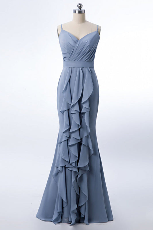 Dusty Blue Formal Dress Mermaid Wedding Guest Dress Chiffon with Ruffles