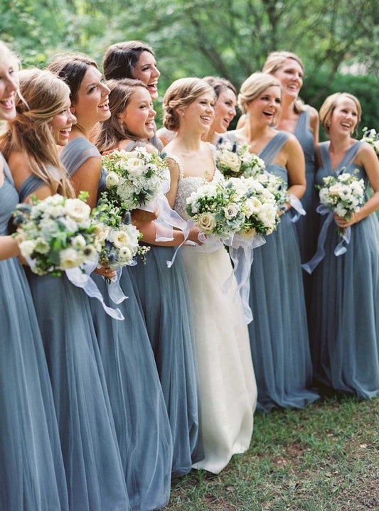 Roycebridal Simple Tulle Long Bridesmaid Dresses Dusty Blue under 100