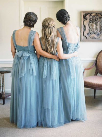 Roycebridal Simple Tulle Long Bridesmaid Dresses Dusty Blue under 100