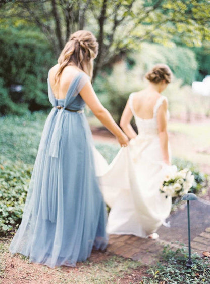 Roycebridal Simple Tulle Long Bridesmaid Dresses Dusty Blue under 100