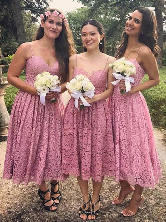 Short Lace Dusty Rose Bridesmaid Dresses Spaghetti Strap Sleeveless