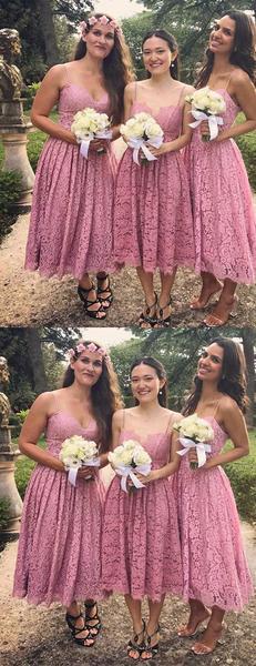 Short Lace Dusty Rose Bridesmaid Dresses Spaghetti Strap Sleeveless