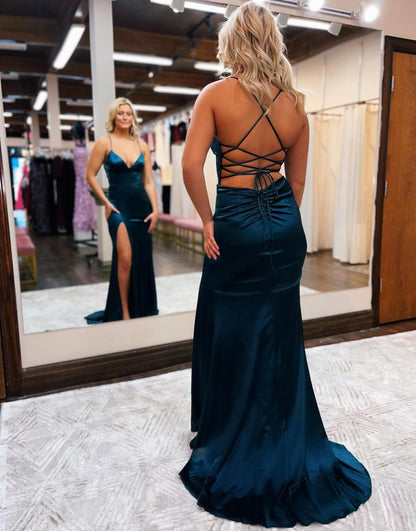 Roycebridal Allie |Mermaid Spaghetti Straps Satin Prom Dress with Slit