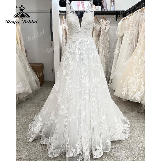 Roycebridal BRIDE,BRIDE EXPLORE All Wedding Dresses,BRIDE EXPLORE Custom Wedding Dresses 👗,BRIDE EXPLORE Plus SizeElegant A Line Tank Wedding Dress Deep V Neck Lace Appliques Sleeveless Open Back Wedding Gowns vestido de noiva pra Roycebridal