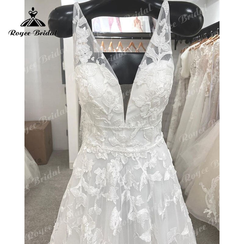 Roycebridal BRIDE,BRIDE EXPLORE All Wedding Dresses,BRIDE EXPLORE Custom Wedding Dresses 👗,BRIDE EXPLORE Plus SizeElegant A Line Tank Wedding Dress Deep V Neck Lace Appliques Sleeveless Open Back Wedding Gowns vestido de noiva pra Roycebridal