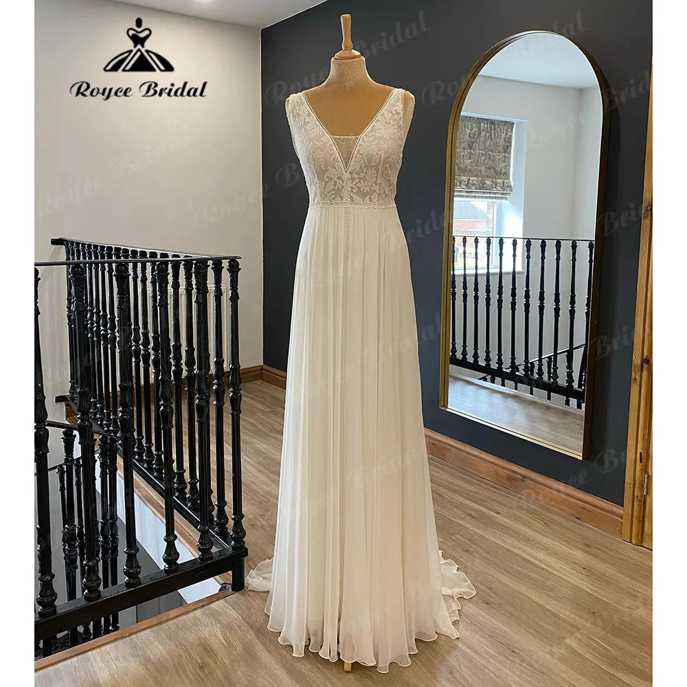 Elegant Bohemian Boho Sleeveless Lace Bodice Chiffon A Line Wedding Dress for Women 2024 Beach Bridal Gown vestido invitada boda