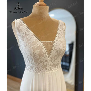 Elegant Bohemian Boho Sleeveless Lace Bodice Chiffon A Line Wedding Dress for Women 2024 Beach Bridal Gown vestido invitada boda