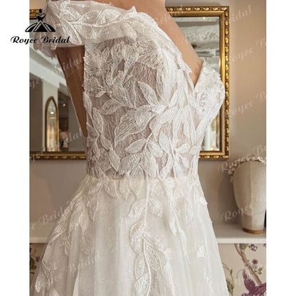 Roycebridal Elegant Boho A Line Wedding Dress Off the Shoulder Lace Applique Cap Sleeve Bridal Gowns For Women vestido para boda playa 2022