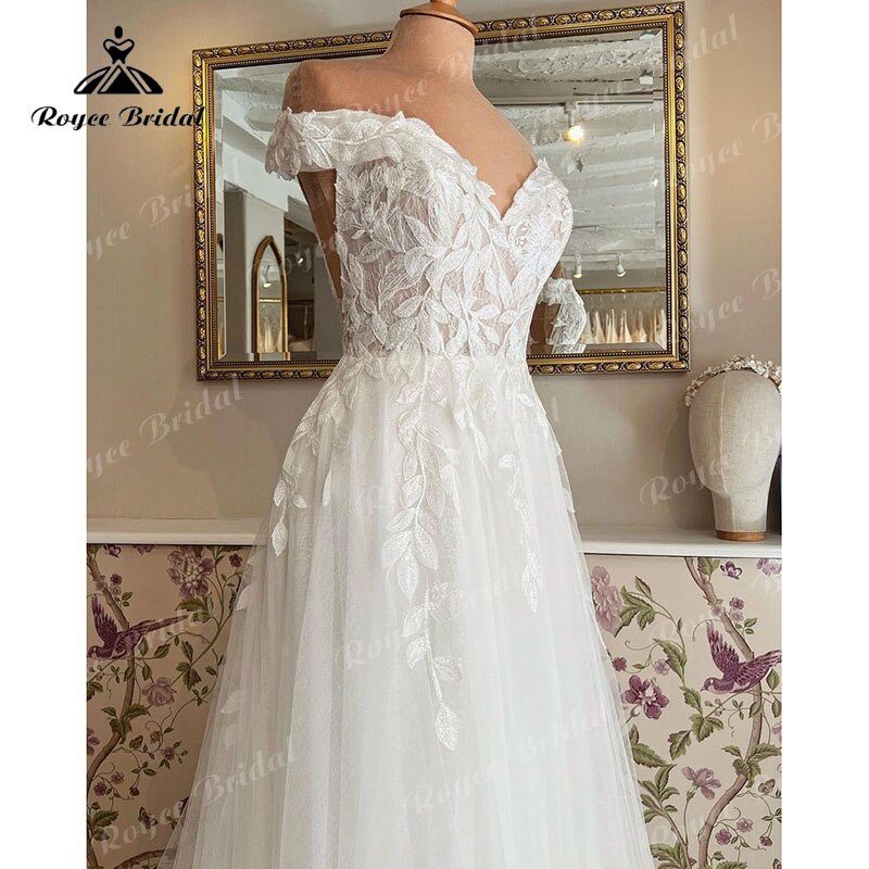 Roycebridal Elegant Boho A Line Wedding Dress Off the Shoulder Lace Applique Cap Sleeve Bridal Gowns For Women vestido para boda playa 2022