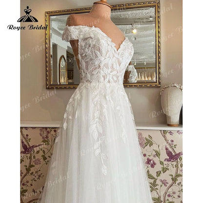 Roycebridal Elegant Boho A Line Wedding Dress Off the Shoulder Lace Applique Cap Sleeve Bridal Gowns For Women vestido para boda playa 2022