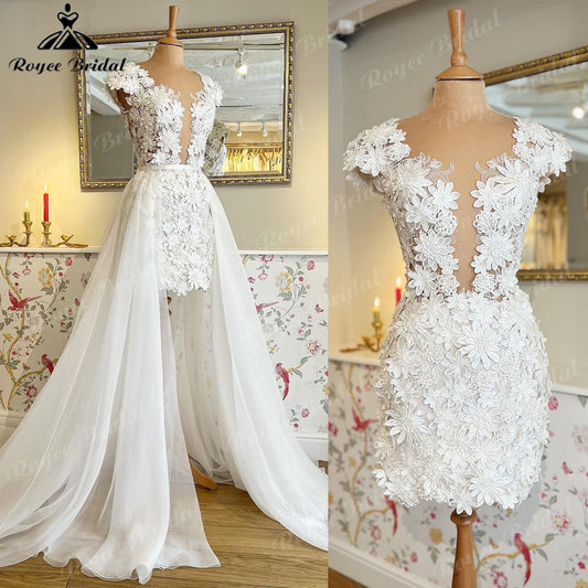 Roycebridal Elegant Cap Sleeve Two Pieces Lace Floral Plunging Wedding Dress with Detachable Skirt 2025 Bridal reception Gown robe de soirée