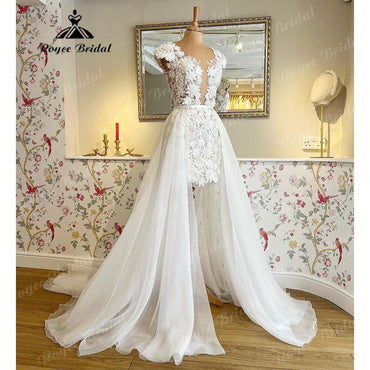 Roycebridal Elegant Cap Sleeve Two Pieces Lace Floral Plunging Wedding Dress with Detachable Skirt 2025 Bridal reception Gown robe de soirée