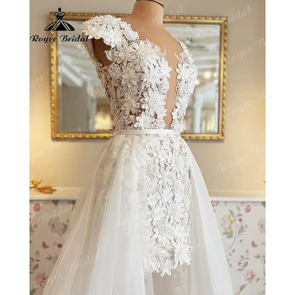 Roycebridal Elegant Cap Sleeve Two Pieces Lace Floral Plunging Wedding Dress with Detachable Skirt 2025 Bridal reception Gown robe de soirée