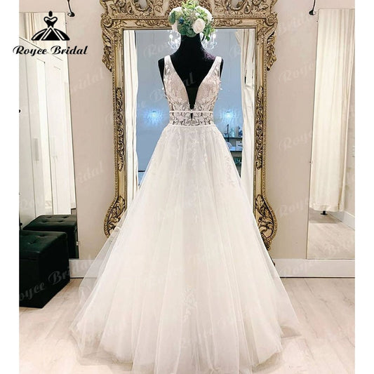 Roycebridal BRIDE,BRIDE EXPLORE All Wedding Dresses,BRIDE EXPLORE Custom Wedding Dresses 👗,BRIDE EXPLORE Plus SizeElegant Floral Boho Sleeveless Wedding Dress Beach Summer 2025 Robe Vestido Vintage Bridal Tulle Long Wedding Gowns Open Back