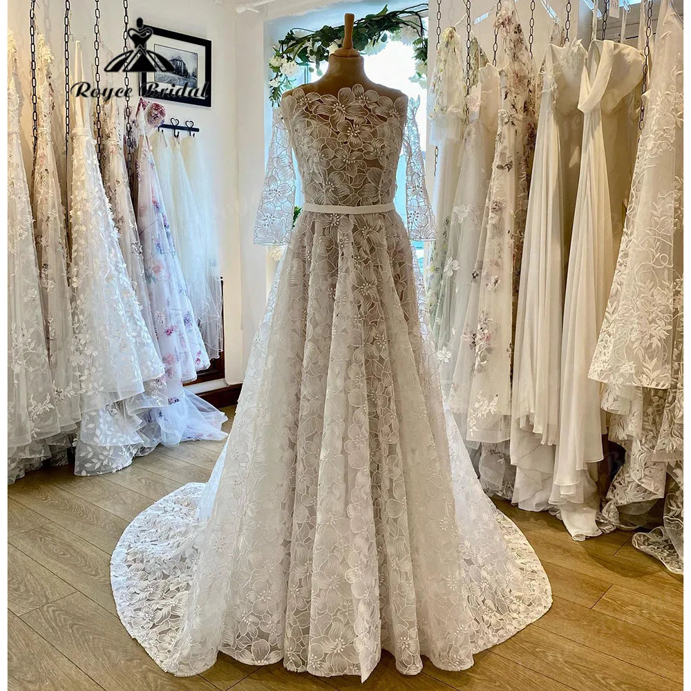 Elegant Floral Lace Princess Three Quarter Sleeve Garden Wedding Dress Bride 2024 Wedding Gown Custom Made robe mariage femme