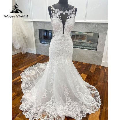 Roycebridal Elegant Lace Appliques Mermaid/Trumpet Tulle O-Neck Wedding Dress Open Back Bridal Wedding Gowns vestido de casamento princesa