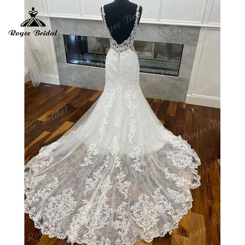 Roycebridal Elegant Lace Appliques Mermaid/Trumpet Tulle O-Neck Wedding Dress Open Back Bridal Wedding Gowns vestido de casamento princesa