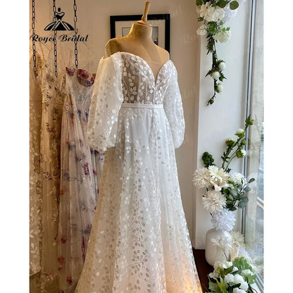 Elegant Off Shoulder Puff Long Sleeve Full Lace V Neck Wedding Dress for Women 2024 Bridal Gown Custom Made vestido de novia