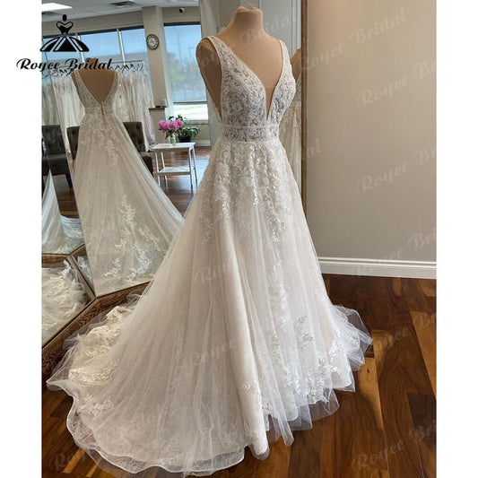 Elegant Robe Chic Boho Lace Wedding Gown 2025 V neck Women A Line Tulle Bridal Dresses Lace Bidice Vestidos de Novia Backless