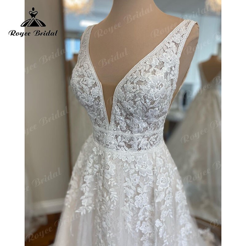 Elegant Robe Chic Boho Lace Wedding Gown 2025 V neck Women A Line Tulle Bridal Dresses Lace Bidice Vestidos de Novia Backless