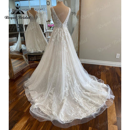 Elegant Robe Chic Boho Lace Wedding Gown 2025 V neck Women A Line Tulle Bridal Dresses Lace Bidice Vestidos de Novia Backless