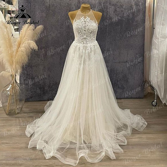 Roycebridal BRIDE,BRIDE EXPLORE All Wedding Dresses,BRIDE EXPLORE Custom Wedding Dresses 👗,BRIDE EXPLORE Plus SizeElegant Tulle A Line Boho Wedding Dress Halter Neckline 2025 Vestido De Novia Ivory A Line Civil Bridal Beach Gowns Lace Bodice