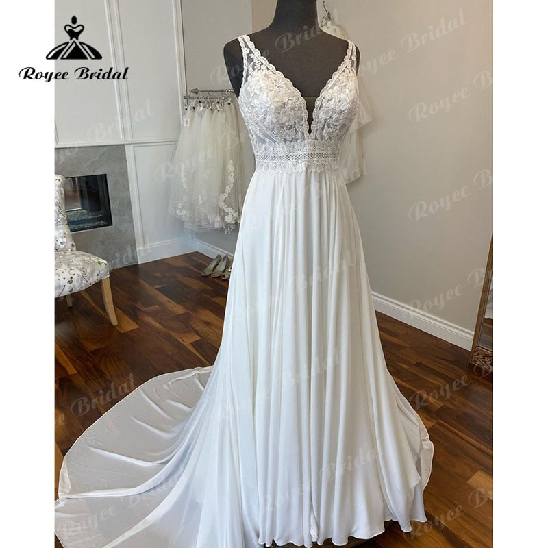 Roycebridal Elegant V Neck A Line Lace Bodice Wedding Dress Backless Chiffon 2025 Vestidos Women Bridal Gowns robe de soirée de mariage Sexy