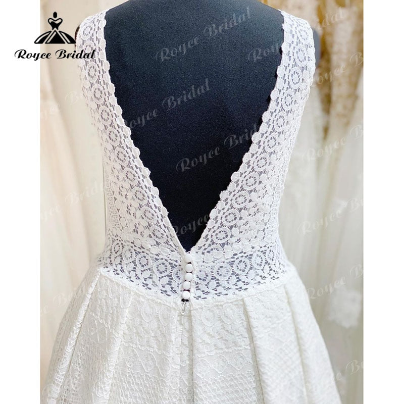 Roycebridal Elegant vestido A Line Beach Wedding Dress V Neck Lace Open Back Sleeveless Sweep Train Wedding Gowns robe soirée mariage 2025