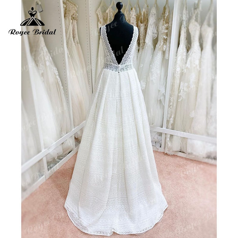 Roycebridal Elegant vestido A Line Beach Wedding Dress V Neck Lace Open Back Sleeveless Sweep Train Wedding Gowns robe soirée mariage 2025