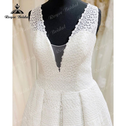 Roycebridal Elegant vestido A Line Beach Wedding Dress V Neck Lace Open Back Sleeveless Sweep Train Wedding Gowns robe soirée mariage 2025