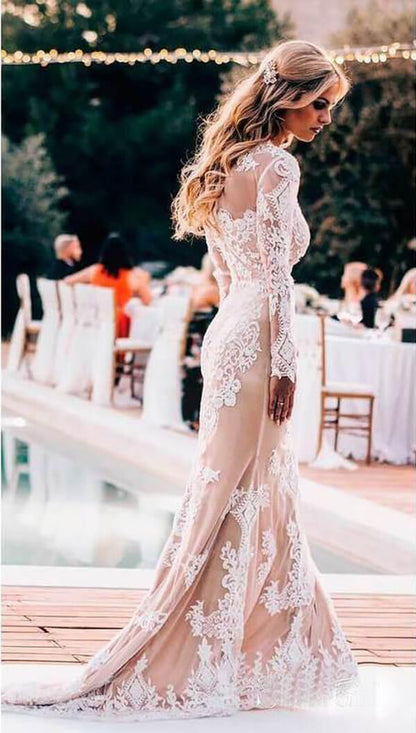 Elegant Boho Lace Mermaid Long Sleeves Wedding Dresses, Bridal Gown, MW539 | mermaid wedding dress | long sleeves wedding dress | wedding gowns | wedding dress online | www.musebridals.com