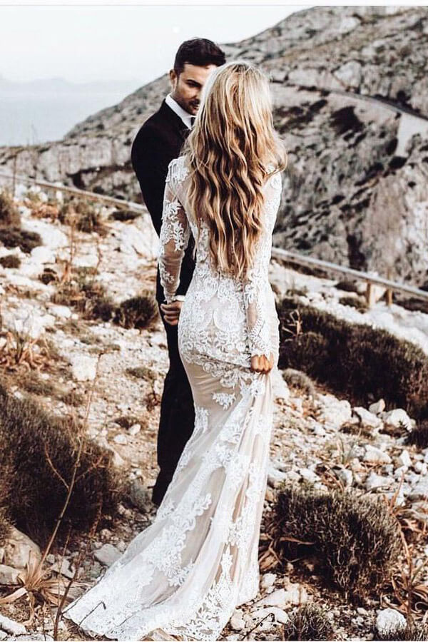 Elegant Boho Lace Mermaid Long Sleeves Wedding Dresses, Bridal Gown, MW539 | wedding dresses | bridal gowns | long sleeves wedding dress | www.musebridals.com