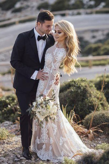 Elegant Boho Lace Mermaid Long Sleeves Wedding Dresses, Bridal Gown, MW539 | lace wedding dress | beach wedding dress | wedding gowns | www.musebridals.com