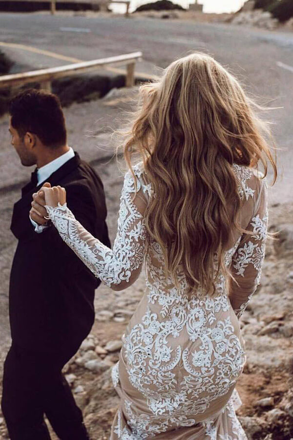 Elegant Boho Lace Mermaid Long Sleeves Wedding Dresses, Bridal Gown, MW539 | long sleeves wedding dress | ivory lace wedding dress | cheap wedding dress | wedding gowns | www.musebridals.com