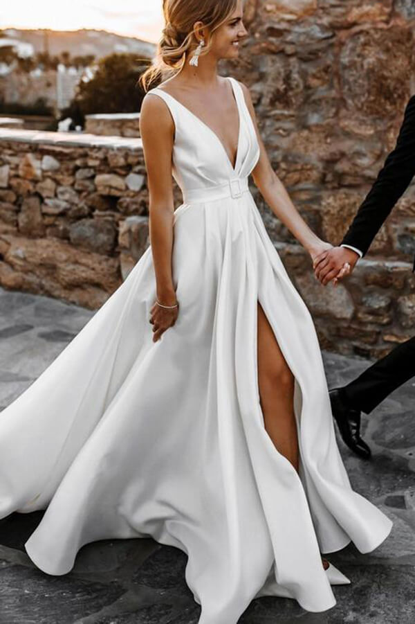 Elegant Satin A-line V-neck Sweep Train Wedding Dresses, Bridal Gown, MW621 | satin wedding dresses | beach wedding dresses | bridal gown | www.musebridals.com