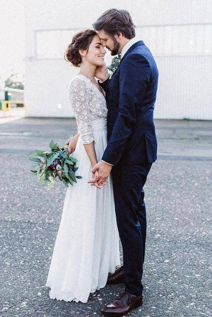 Elegant See Through 3/4 Sleeve Backless Lace and Chiffon Rustic Wedding Dress, MW262 | long sleeve wedding dresses | cheap wedding dresses | lace wedding dresses | beach wedding dresses | www.musebridals.com