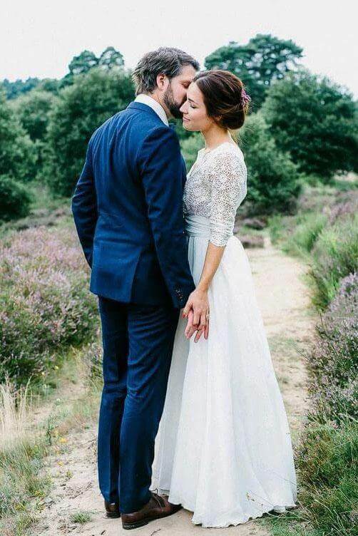 Elegant See Through 3/4 Sleeve Backless Lace and Chiffon Rustic Wedding Dress, MW262 | beach wedding dresses | outdoor wedding dresses | lace wedding dresses | wedding dresses online | wedding dresses near me | www.musebridals.com